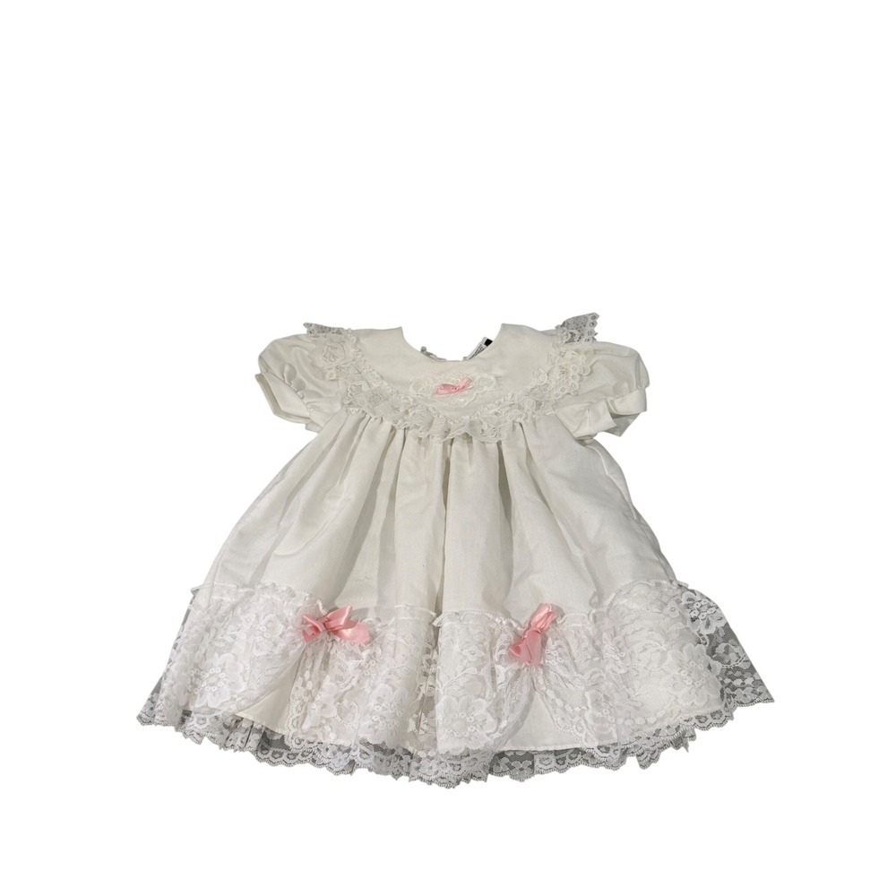 Jo Lene Vintage White Lace Pink Bow Baby Dress 3T Made in USA